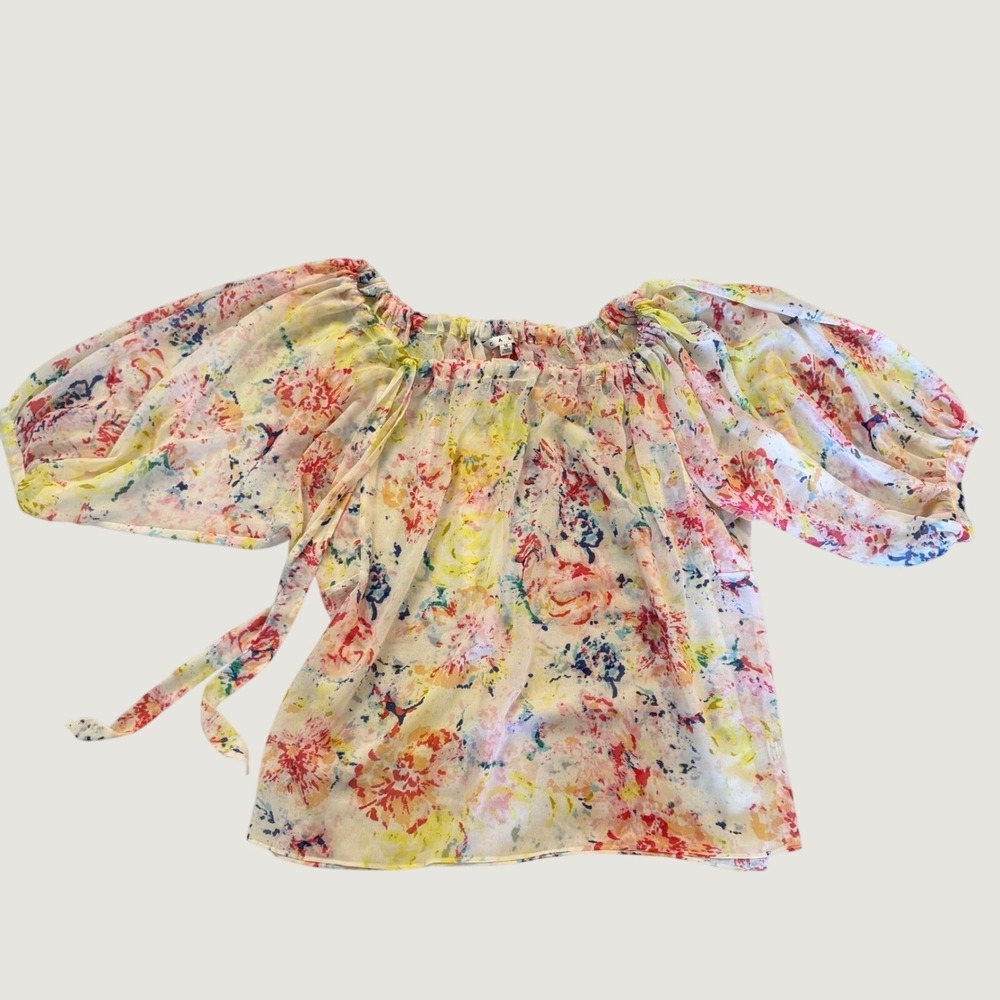 Cabi Floral Watercolor Sheer Blouse‎ Multi Color Off The Shoulder Balloon Sleeve